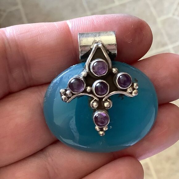 NWOT sterling SILVER BLUE CHALCEDON/AMETHYST LARGE PENDANT - Picture 2 of 5
